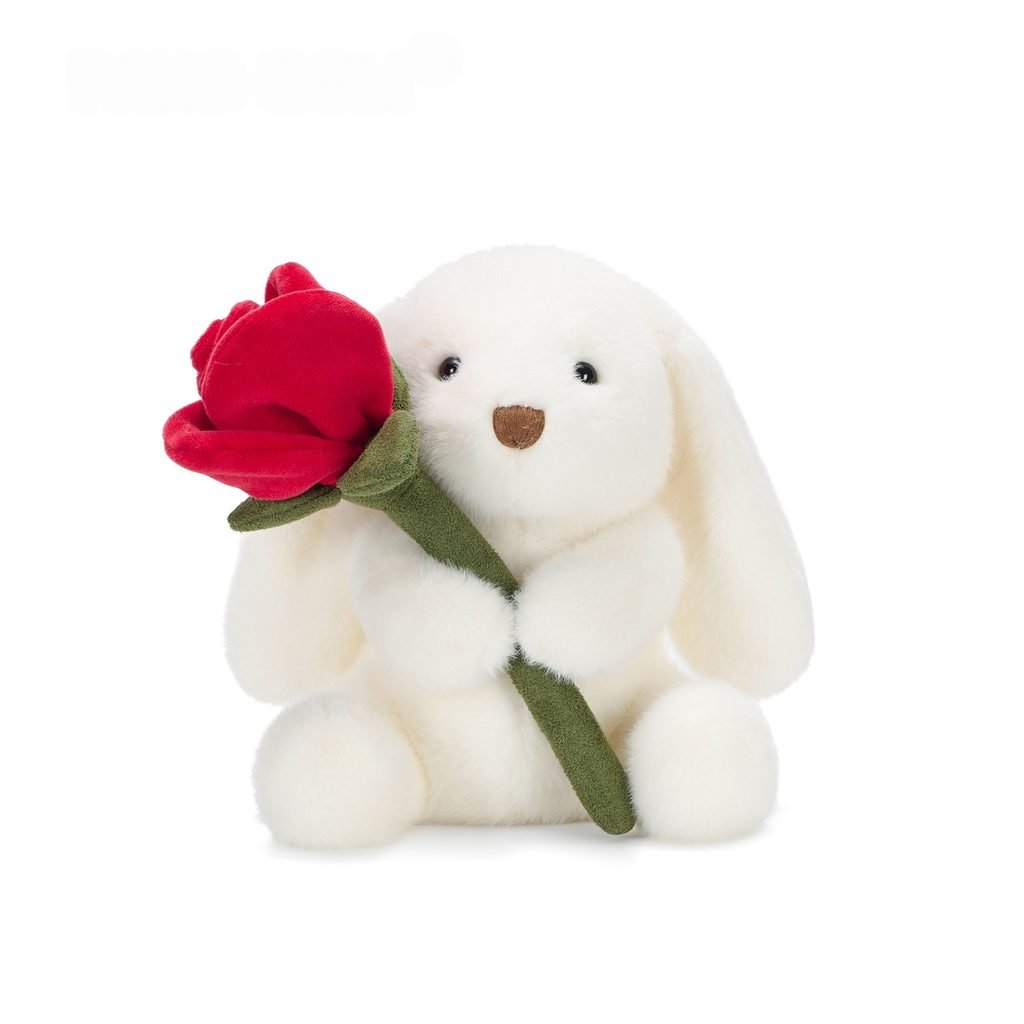 White Miko bunny plush toy holding a red rose